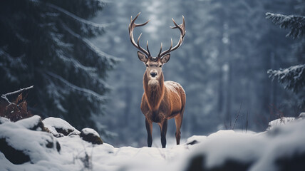 Naklejka na ściany i meble Noble Deer captured in the forest in winter. Generative AI
