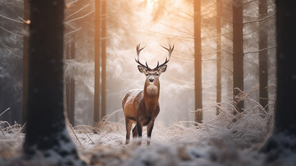  Noble Deer captured in the forest in winter. Generative AI