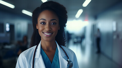Smiling Young Black Female Doctor: Hospital Corridor Close-Up. Generative AI