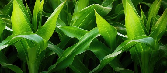 The green leaves of a maize plant sway in a cornfield