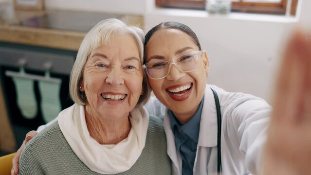 Senior woman, doctor and smile in selfie with care, kindness or help for medical wellness in clinic. Medic, nurse and elderly patient with photography for memory, profile picture or social media post
