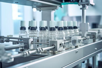 vials filling in a pharmaceutical factory with automated machine