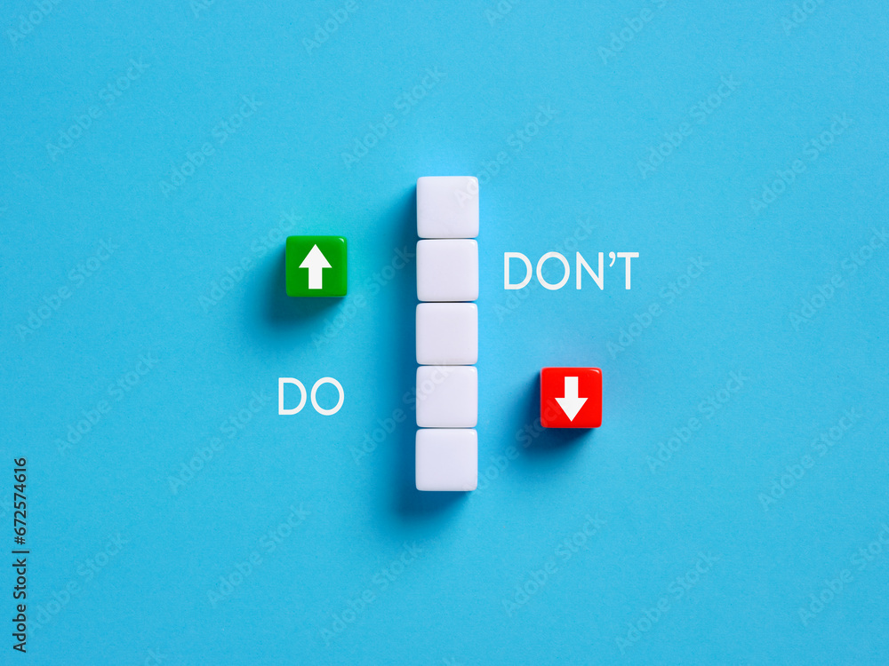 Poster do's and don'ts. dilemma between what to to or not to do. rules of conduct. behavioral guidelines.