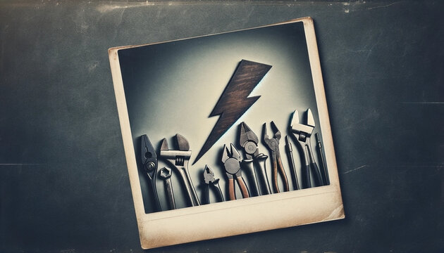 An image of a set of tools with a wood made lightning bolt, captured as a Polaroid photo - Generative AI
