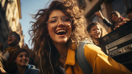 90s teens dance with boombox in the city. generative ai