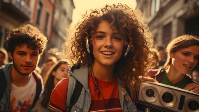 90s teens dance with boombox in the city. generative ai