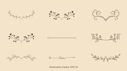 Floral ornamental doodle dividers, vintage hand drawn tribal arrow and calligraphic deco border vector set isolated on cream color  background. Vector Illustration EPS 10