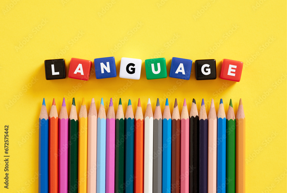 Poster language learning concept. the word language on colorful cubes with crayons.