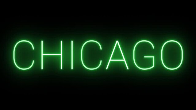 Flickering neon green glowing chicago sign animated black background.