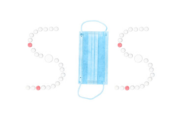Text sos made from pills and medical mask, isolated on a white background. Concept of coronavirus problems, lockdown and quarantine due to the pandemic