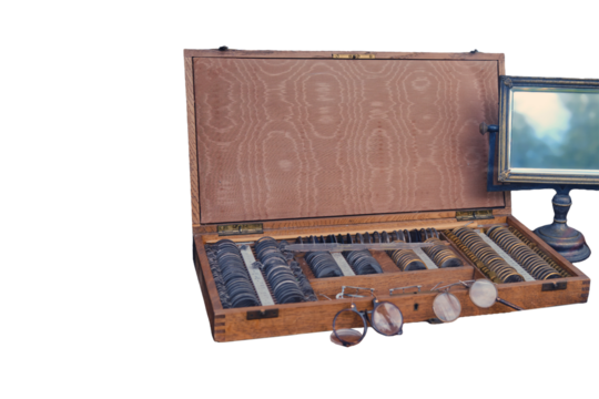 Vintage ophthalmologist medical instruments with mirror and glasses, isolated on a white background