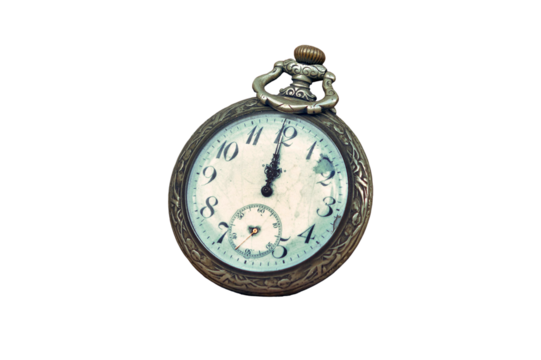 Old hand clock on a vintage, isolated on a white background