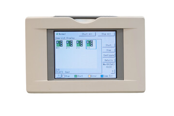 Wall-mounted control panel for a group of industrial air conditioners, isolated on white background.