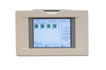 Wall-mounted control panel for a group of industrial air conditioners, isolated on white background.