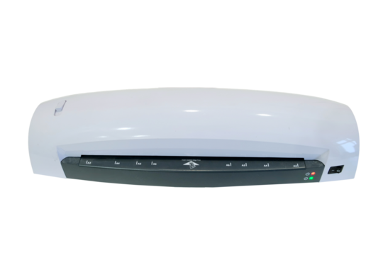 The plastic lamination machine spoils the document, isolated on white background. The desktop laminator highlights the ultrasound result