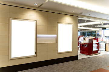 Sign and Billboard Mockup at duty free shop in departure terminal - 672576882