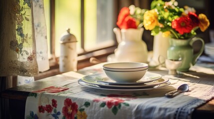 Decoration table covered with a tablecloth with dishes, flowers. Generative AI