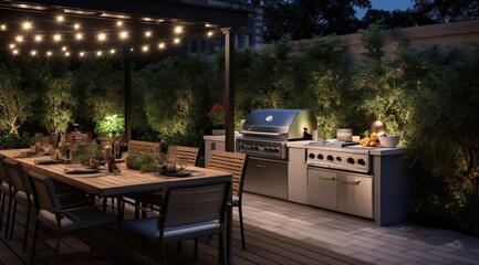 Obraz premium Outdoor kitchen with a stainless gas grill. Generative AI