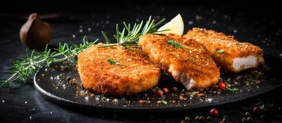 On a dark concrete surface there is a flavorful breaded cutlet baked to perfection with a savory mix of spices salt and herbs - obrazy, fototapety, plakaty