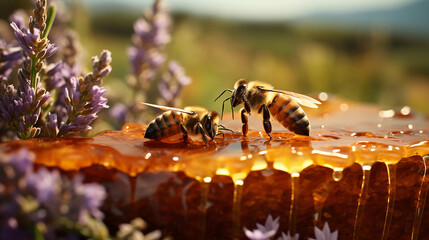 bees sit on honey against the background of a field in nature near lavender .Generative AI