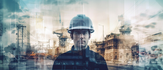 Double exposure: Engineer in uniform with cityscape, generative ai