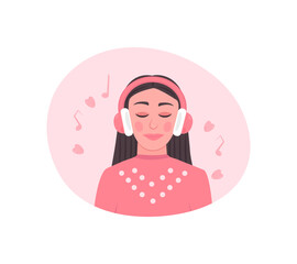 A girl wearing headphones listens to music.
Concept of musical pastime, love of music, listening to audio, podcasts, studying with headphones. Vector illustration, eps 10.