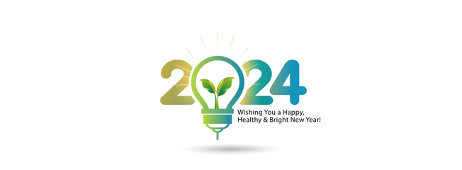 Creative concept of 2024 New year. Green, futuristic, sustainable, renewable energy technology background with light bulb design. - obrazy, fototapety, plakaty