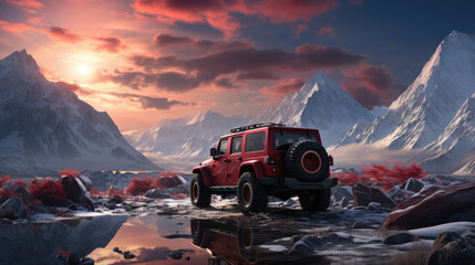 The Back Of A Red Jeep Gladiator With A Polar Bear , Background Image, Hd - obrazy, fototapety, plakaty