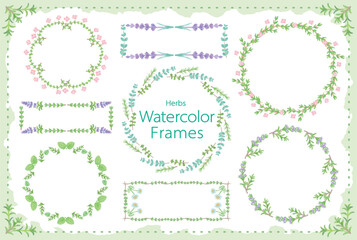 アロマに使われるハーブ・植物のイラスト・フレーム。水彩風ベクター素材