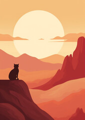 Sunset landscape black cat silhouette background illustration night nature sun sky moon