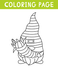 Cute gnome with cornucopia coloring page. Thanksgiving day. Printable worksheet with solution for school and preschool.