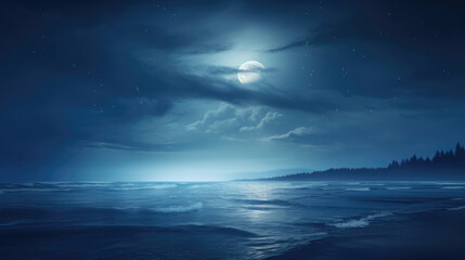Fototapeta na wymiar The Moon Is Shining Brightly Over The Ocean Digital, Background Image, Hd