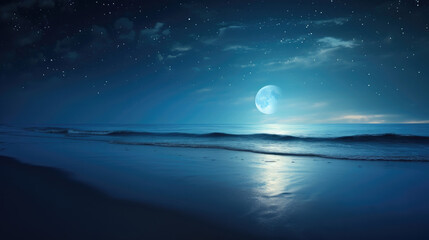 Fototapeta na wymiar The Moon Is Shining Brightly Over The Ocean Digital, Background Image, Hd