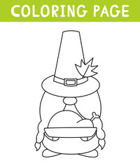 Cute gnome with turkey coloring page. Thanksgiving day. Printable worksheet with solution for school and preschool.