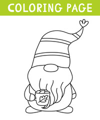 Cute gnome with cup of cocoa with marshmallows coloring page. Thanksgiving day. Printable worksheet with solution for school and preschool.