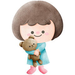 Happy Girl in pajamas hugging teddy bear