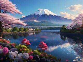 The breathtaking Mount Fuji stands majestically over a serene lake, surrounded by vibrant flowers and lush trees
