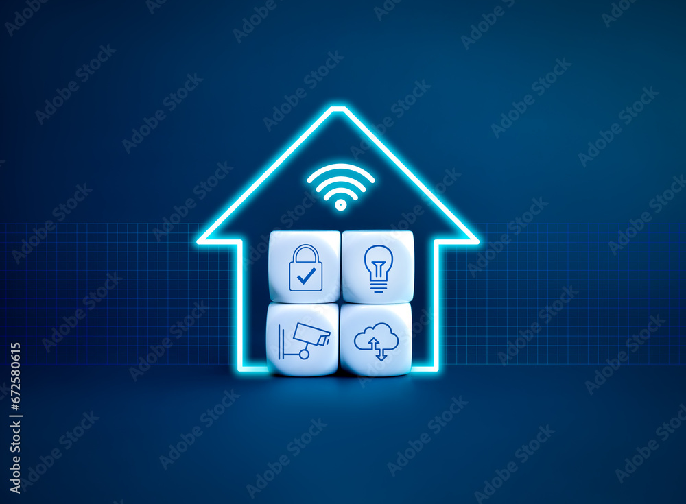 Poster smart home technology concept. digital wifi symbol and home shape, neon style with iot application m