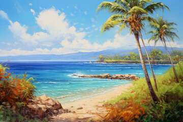 Beach with beautiful coastline. Color water is turquoise, white sand and green palm trees. Oil painting of paradise tropical island.