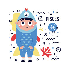Colorful card with Pisces zodiac sign. Kids characters with Astrological horoscope symbols. Hand drawn vector illustration in cartoon style with lettering
