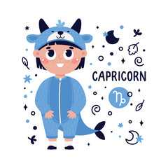Colorful card with Capricorn zodiac sign. Kids characters with Astrological horoscope symbols. Hand drawn vector illustration in cartoon style with lettering
