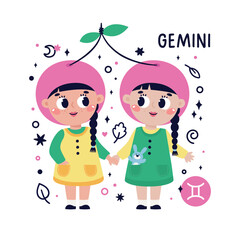 Colorful card with Aquarius zodiac sign. Kids characters with Astrological horoscope symbol. Hand drawn vector illustration in cartoon style with lettering