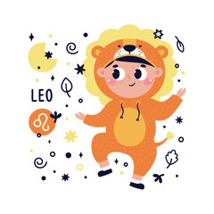 Colorful card with Leo zodiac sign. Kids characters with Astrological horoscope symbols. Hand drawn vector illustration in cartoon style with lettering