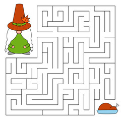 Thanksgiving day maze game for kids. Cute gnome looking for a way to the turkey. Happy thanksgiving. Doodle cartoon style. Printable worksheet.