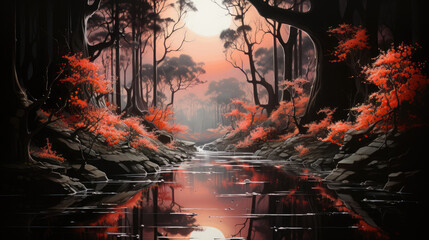 Fototapeta premium Trees Growing Water And A Few Foxes In The Style, Background Image, Hd