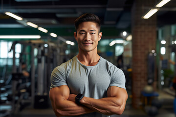 Obraz premium Muscular man posing in gym backdrop, generative ai