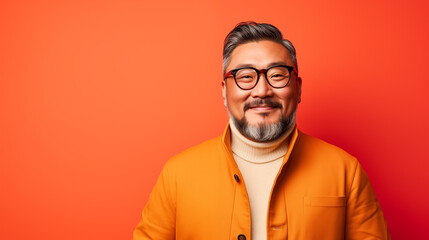 Obraz premium Asian man model with a smile on his face on a colored background