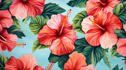 Tropical Hibiscus Flowers Watercolor Seamless Pattern, Background Image, Hd
