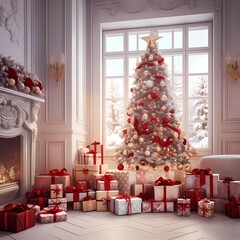 A pleasant living area with a chrismas decorations, a Christmas tree that has been decorated, and a variety of holiday accents, red and white colors