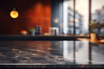 modern dark marble table on blurred kitchen bench background